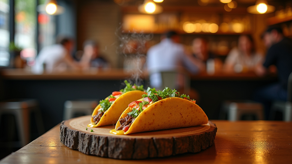 Restaurant Chamas Tacos avec enseigne lumineuse et clients