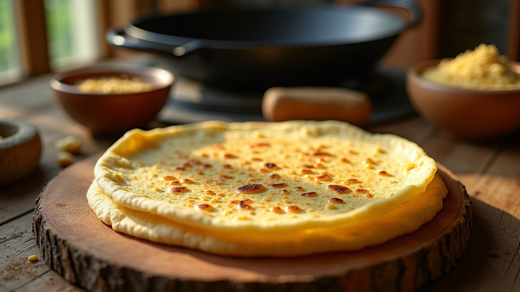 Tortillas maison dorées sortant d'une poêle, dégagant de la vapeur et présentées sur une planche en bois rustique