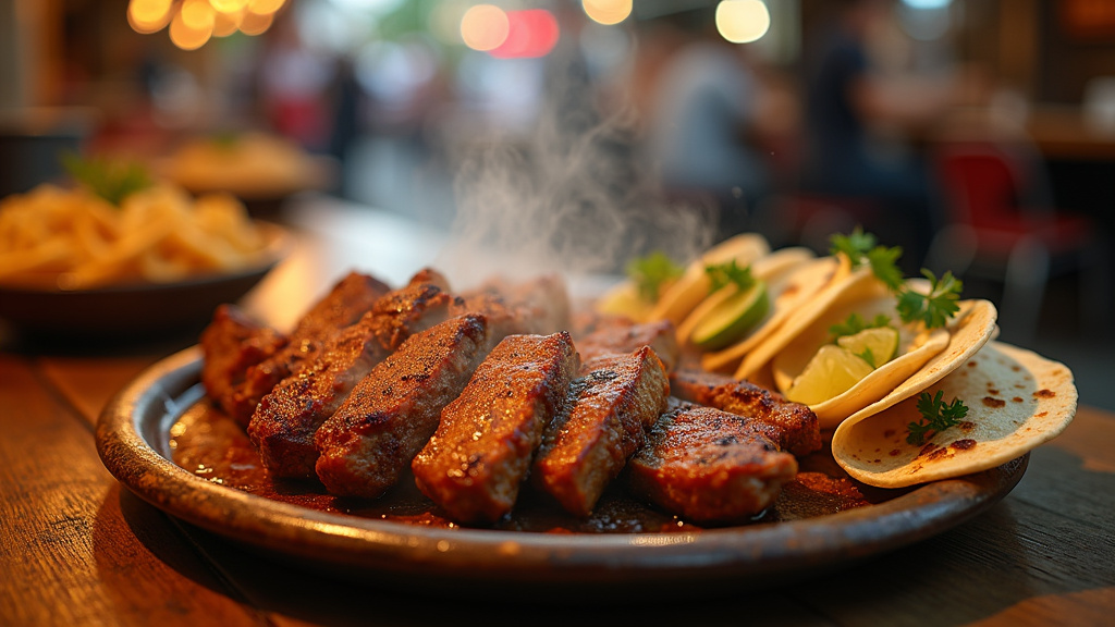 Intérieur spacieux de Grillade et Tacos Orange avec tables en bois
