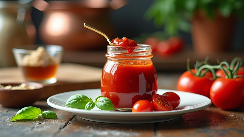 Ingrédients pour ketchup maison disposés sur une planche en bois