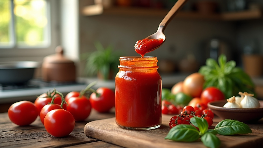Ketchup maison fait avec des tomates fraîches dans une bouteille en verre