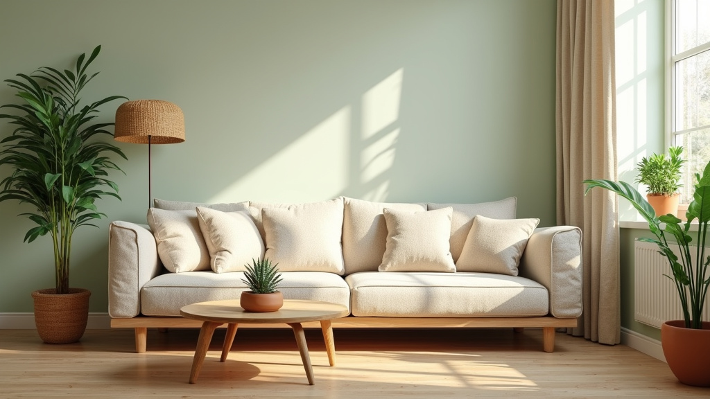 Aménagement de balcon avec mobilier en bois et plantes vertes dans des pots en céramique