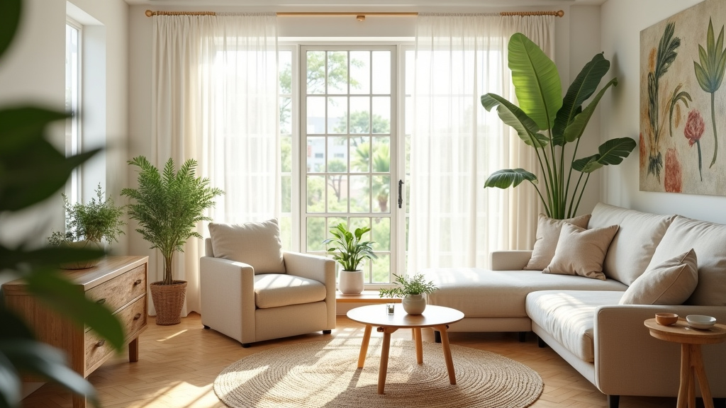Jardin aménagé avec mobilier en bois, plantes variées et éclairage d'ambiance
