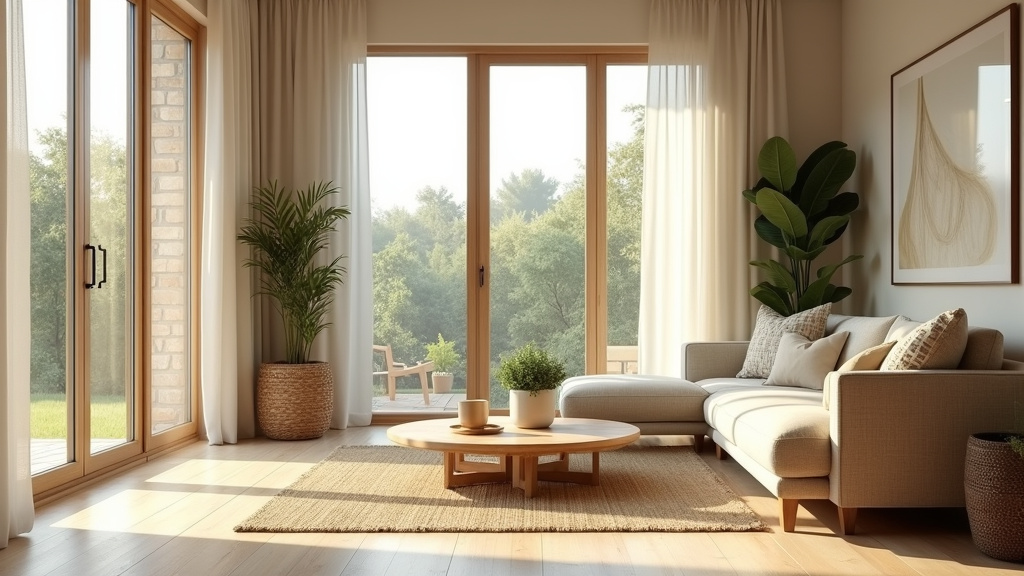 Salon lumineux agenc&eacute; harmonieusement avec des plantes et des meubles en bois naturel