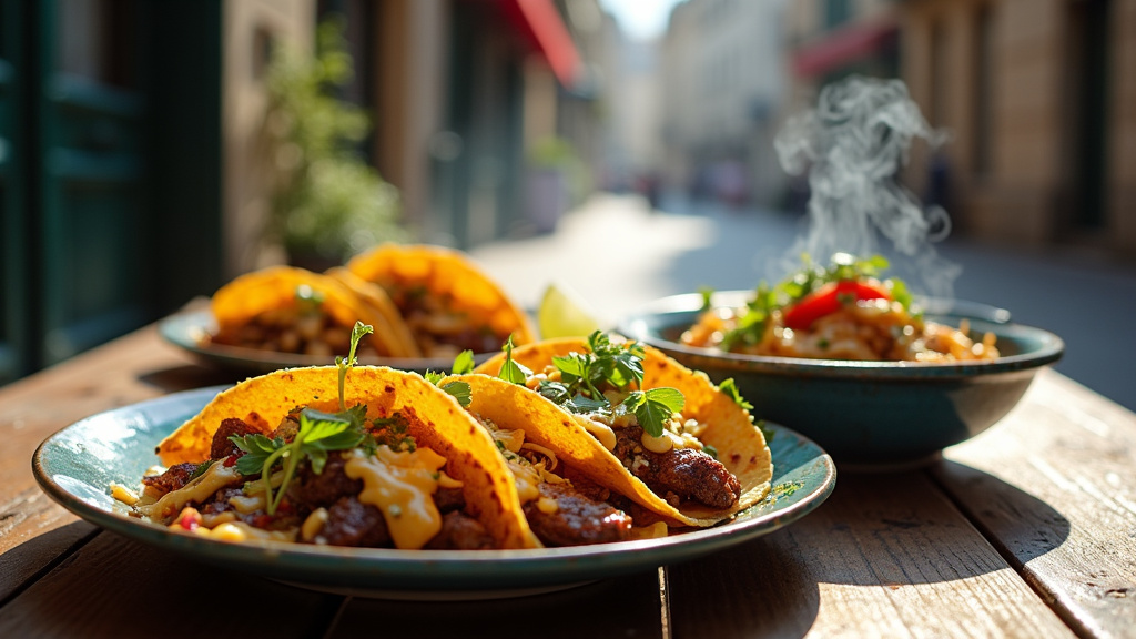 Tacos mexicain traditionnel avec garniture de viande, oignon rouge et coriandre