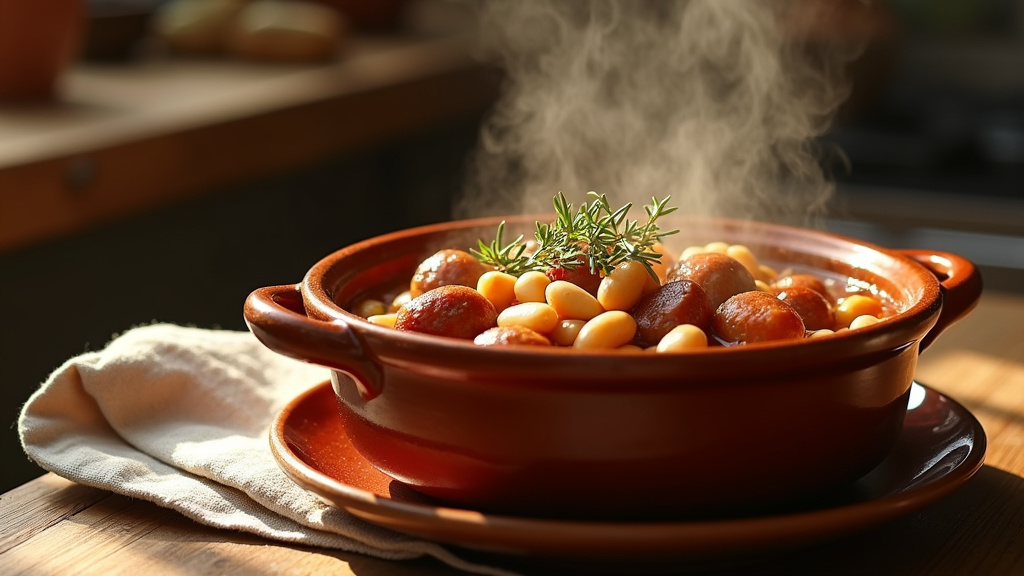Cassoulet servi dans des assiettes avec une touche de persil frais