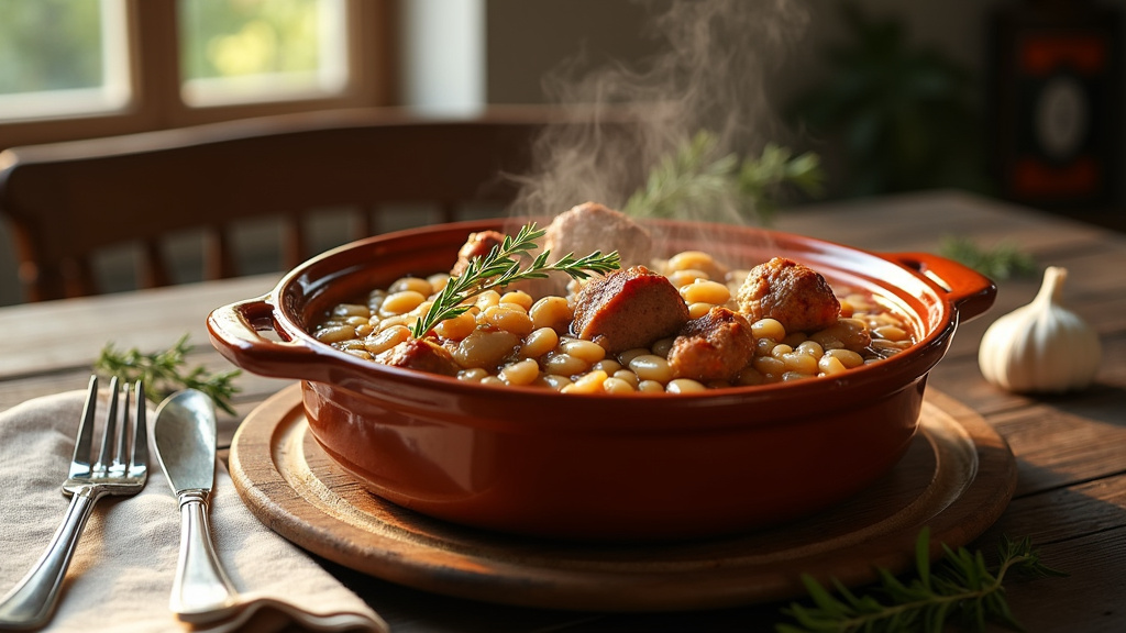Cassoulet mijotant dans une cassole en terre cuite