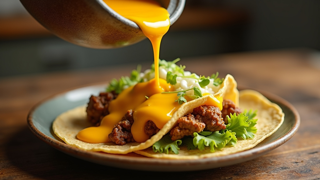 Tacos garnis avec de la sauce fromag&egrave;re maison coulant sur les bords