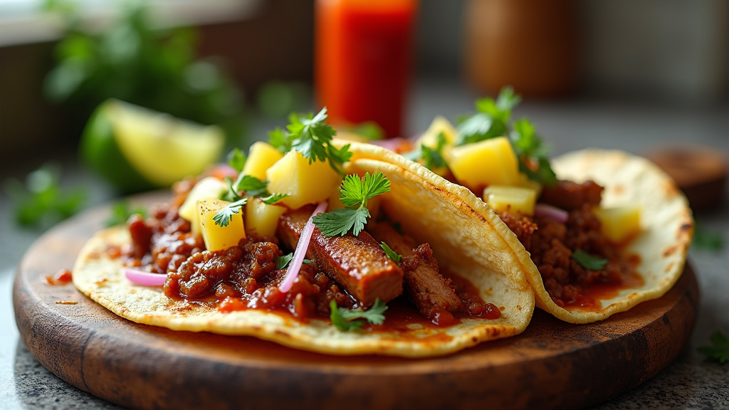 Tacos al pastor préparés avec tortillas, viande et garnitures