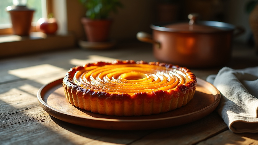 Détail du caramel doré sur les pommes de la tarte Tatin