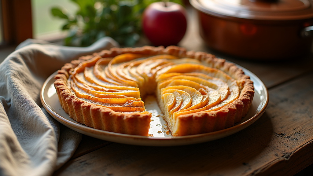 Tarte Tatin dorée sortant du four, présentation authentique