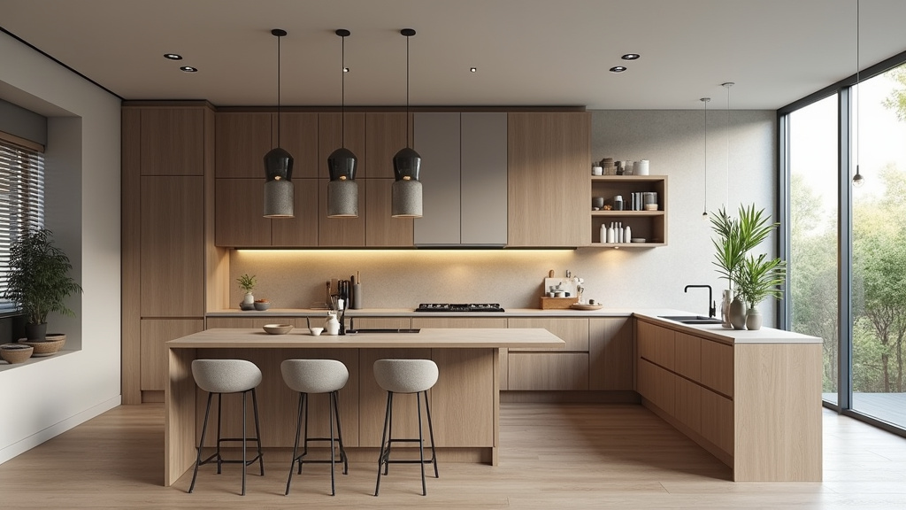 Vue d'ensemble d'une cuisine moderne avec îlot en bois et matériaux naturels
